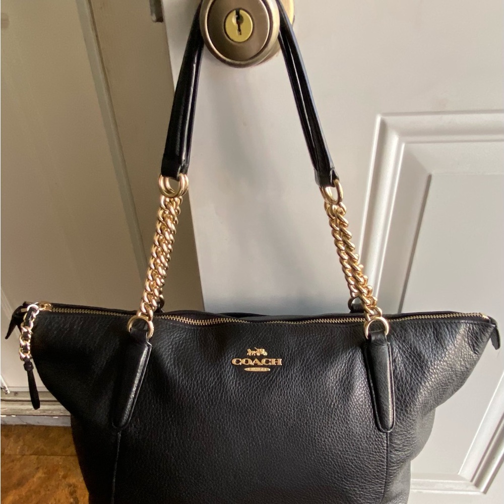 Coach Black Leather Tote with Gold Accents